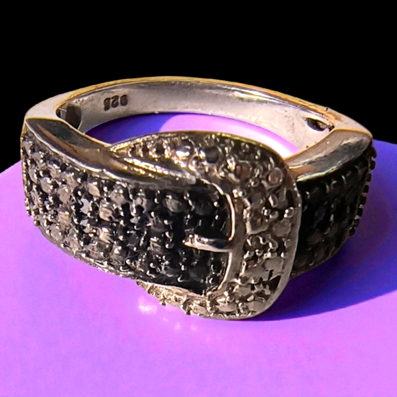 Sterling Silver & Black Crystal Belt Buckle Sparkle Ring - Picture 1 of 10